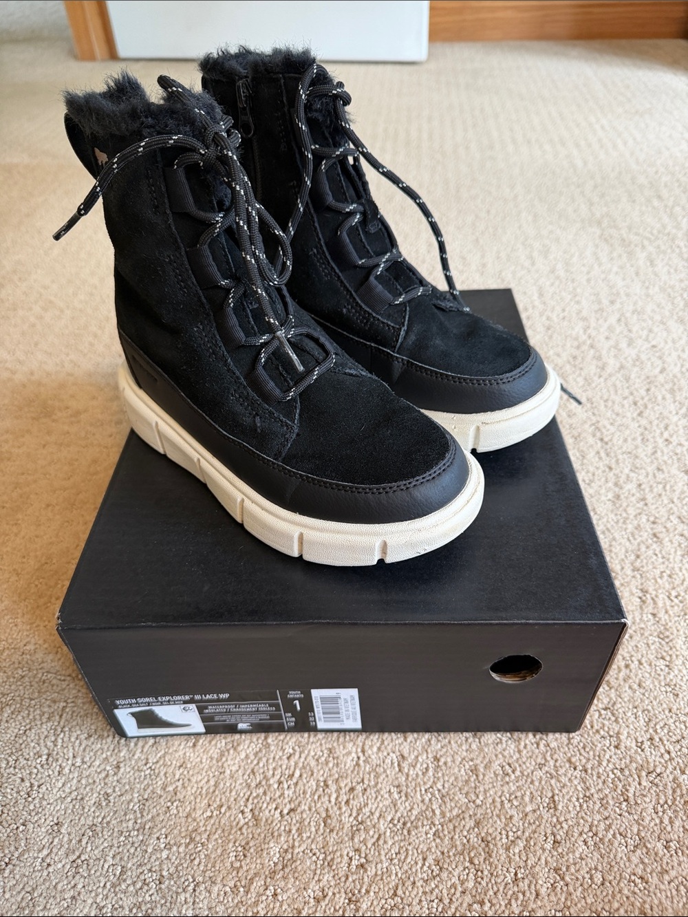 Sorel Black Faux-Fur Lined Kids Explorer III Lace WP Boots